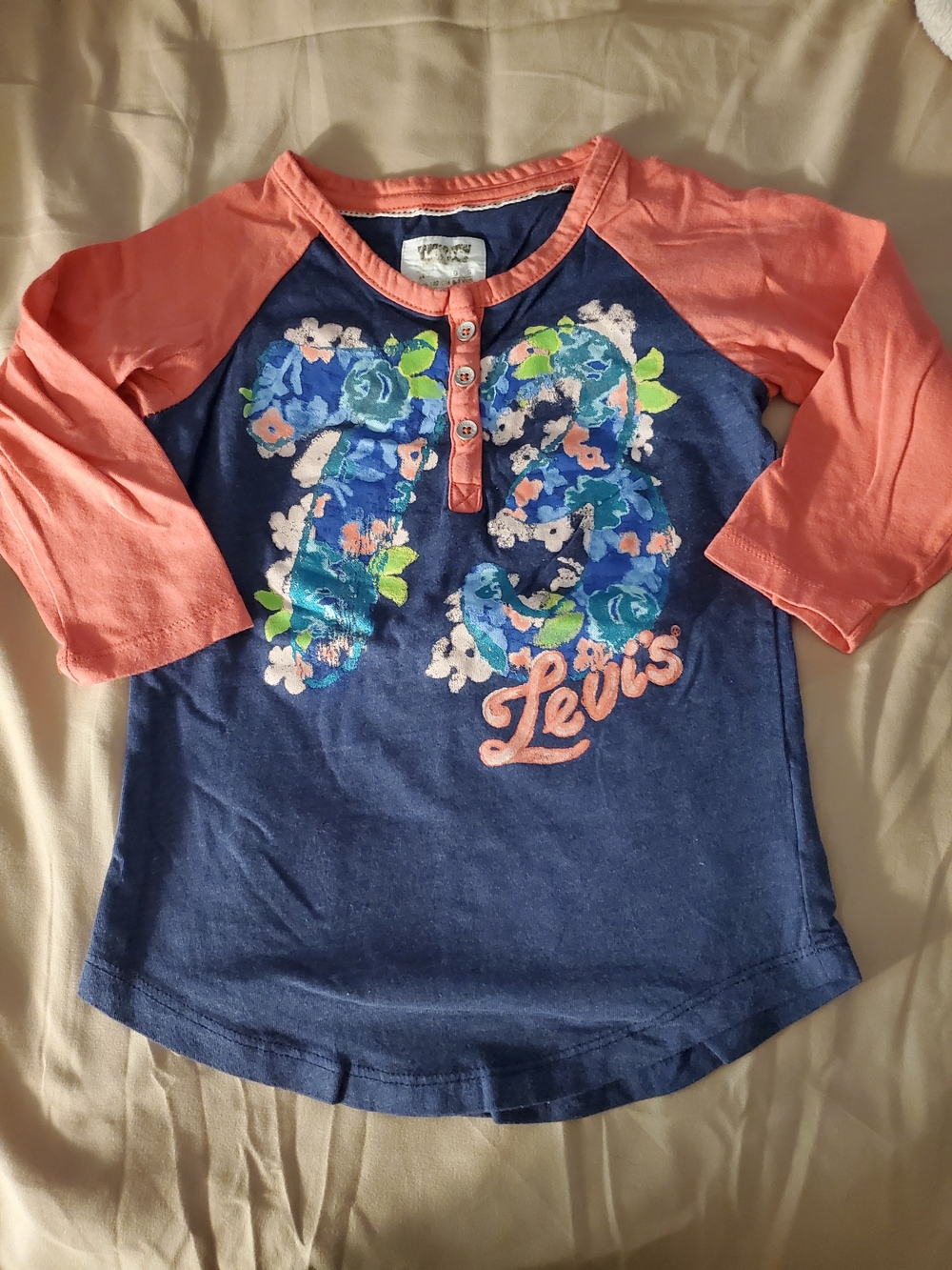 Levi's Navy Top with Coral Raglan Sleeves and Floral Graphic